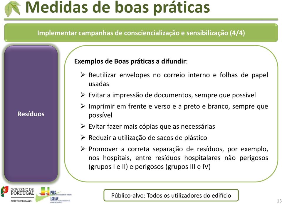 possível Evitar fazer mais cópias que as necessárias Reduzir a utilização de sacos de plástico Promover a correta separação de resíduos, por