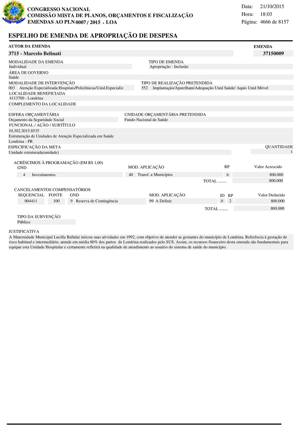 8535 Estruturação de Unidades de Atenção Especializada em Londrina - PR Unidade estruturada(unidade) 800.000 800.