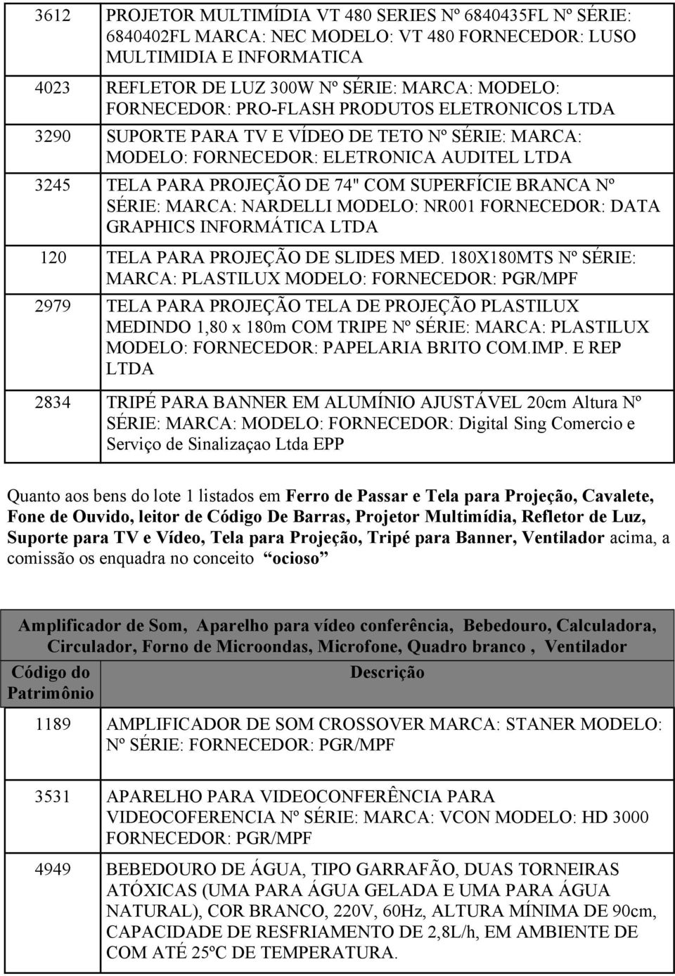 Nº SÉRIE: MARCA: NARDELLI MODELO: NR001 FORNECEDOR: DATA GRAPHICS INFORMÁTICA LTDA 120 TELA PARA PROJEÇÃO DE SLIDES MED.