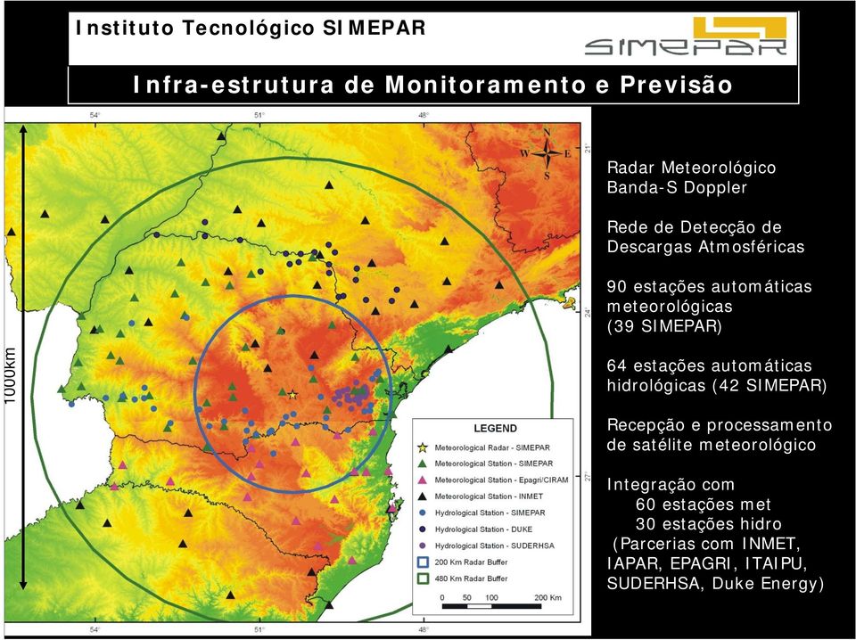 1000km 64 estações automáticas ticas hidrológicas (42 SIMEPAR) Recepção e processamento de satélite meteorológico