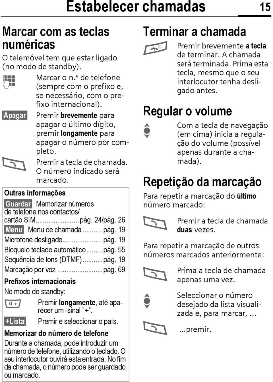 Outras informações Guardar Memorizar números de telefone nos contactos/ cartão SIM... pág. 24/pág. 26 Menu Menu de chamada... pág. 19 Microfone desligado... pág. 19 Bloqueio teclado automático... pág. 55 Sequência de tons (DTMF).