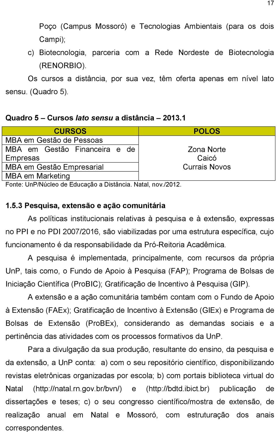 1 CURSOS POLOS MBA em Gestão de Pessoas MBA em Gestão Financeira e de Zona Norte Empresas Caicó MBA em Gestão Empresarial Currais Novos MBA em Marketing Fonte: UnP/Núcleo de Educação a Distância.