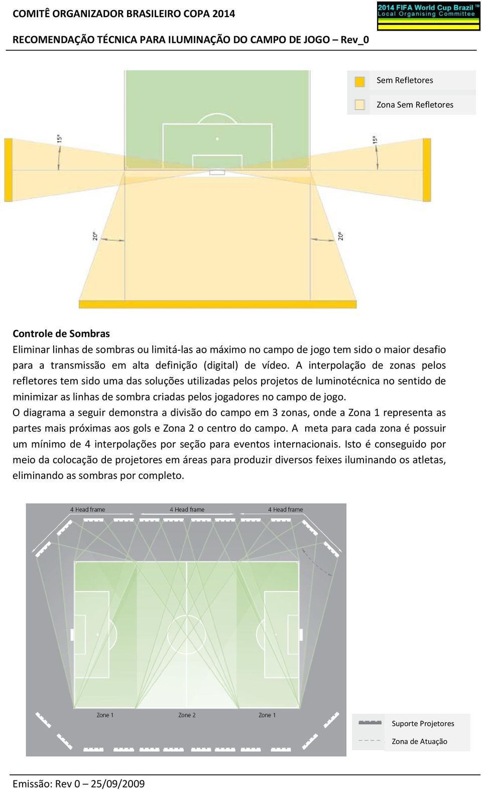 A interpolação de zonas pelos refletores tem sido uma das soluções utilizadas pelos projetos de luminotécnica no sentido de minimizar as linhas de sombra criadas pelos jogadores no campo de jogo.