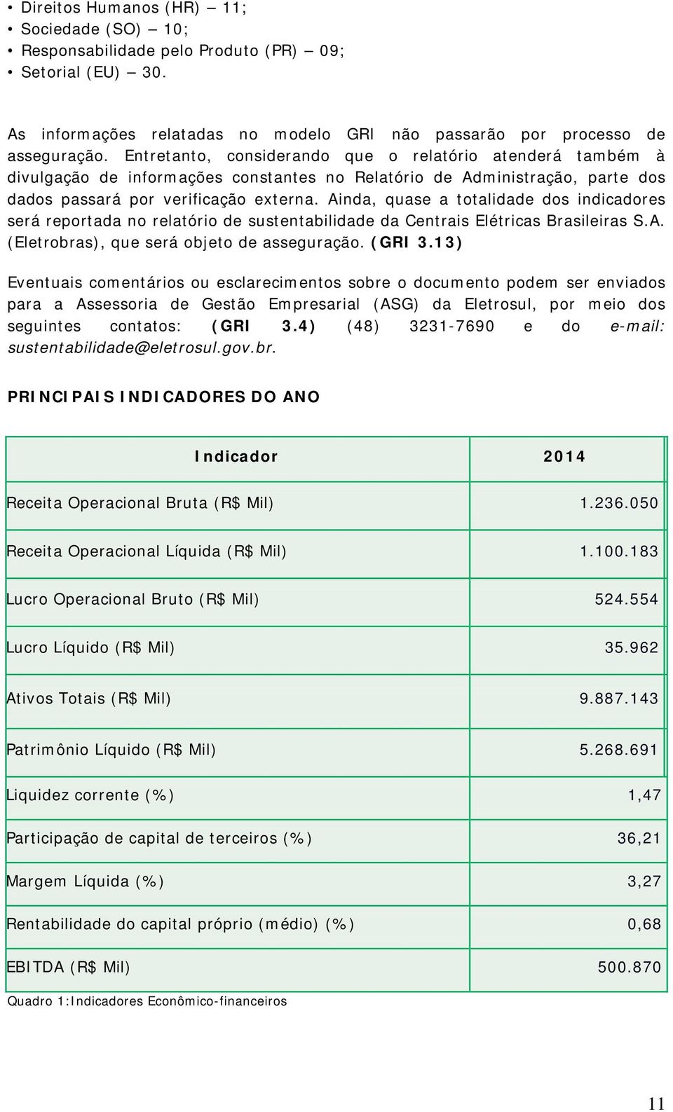 Ainda, quase a totalidade dos indicadores será reportada no relatório de sustentabilidade da Centrais Elétricas Brasileiras S.A. (Eletrobras), que será objeto de asseguração. (GRI 3.