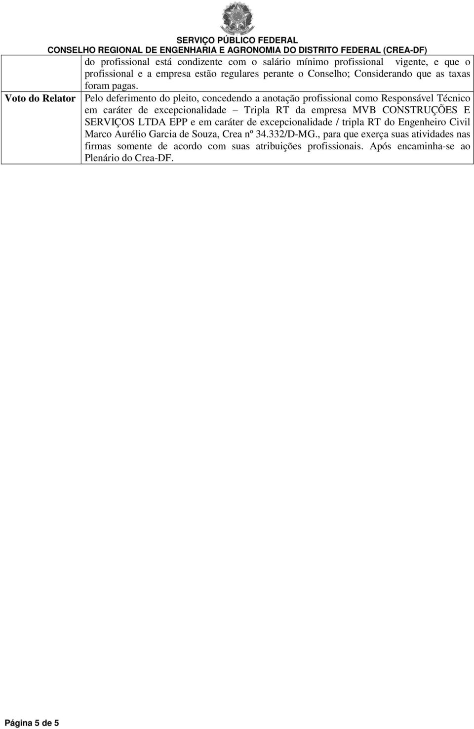 Voto do Relator Pelo deferimento do pleito, concedendo a anotação profissional como Responsável Técnico em caráter de excepcionalidade Tripla RT da empresa MVB