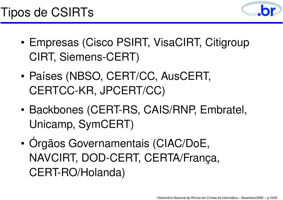 Unicamp, SymCERT) Órgãos Governamentais (CIAC/DoE, NAVCIRT, DOD-CERT, CERTA/França,