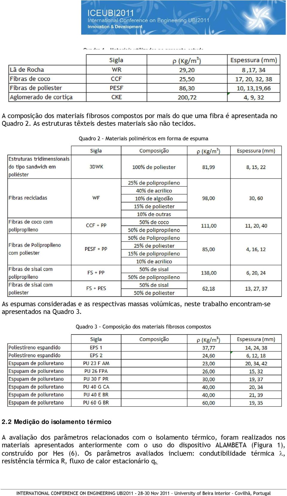 Quadro 2 Materiais poliméricos em forma de espuma As espumas consideradas e as respectivas massas volúmicas, neste trabalho encontram-se apresentados na Quadro 3.