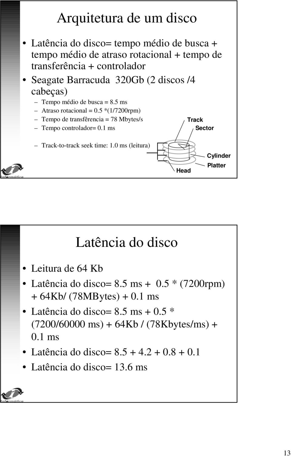 1 ms Track Sector Track-to-track seek time: 1.0 ms (leitura) Head Cylinder Platter Leitura de 64 Kb Latência do disco Latência do disco= 8.5 ms + 0.