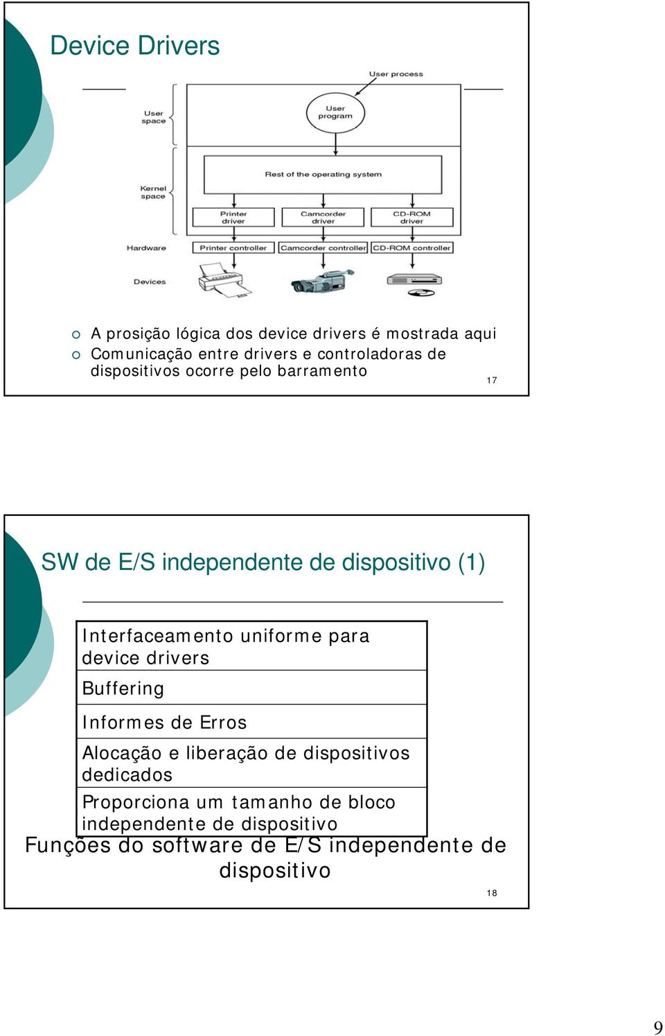 Interfaceamento uniforme para device drivers Buffering Informes de Erros Alocação e liberação de