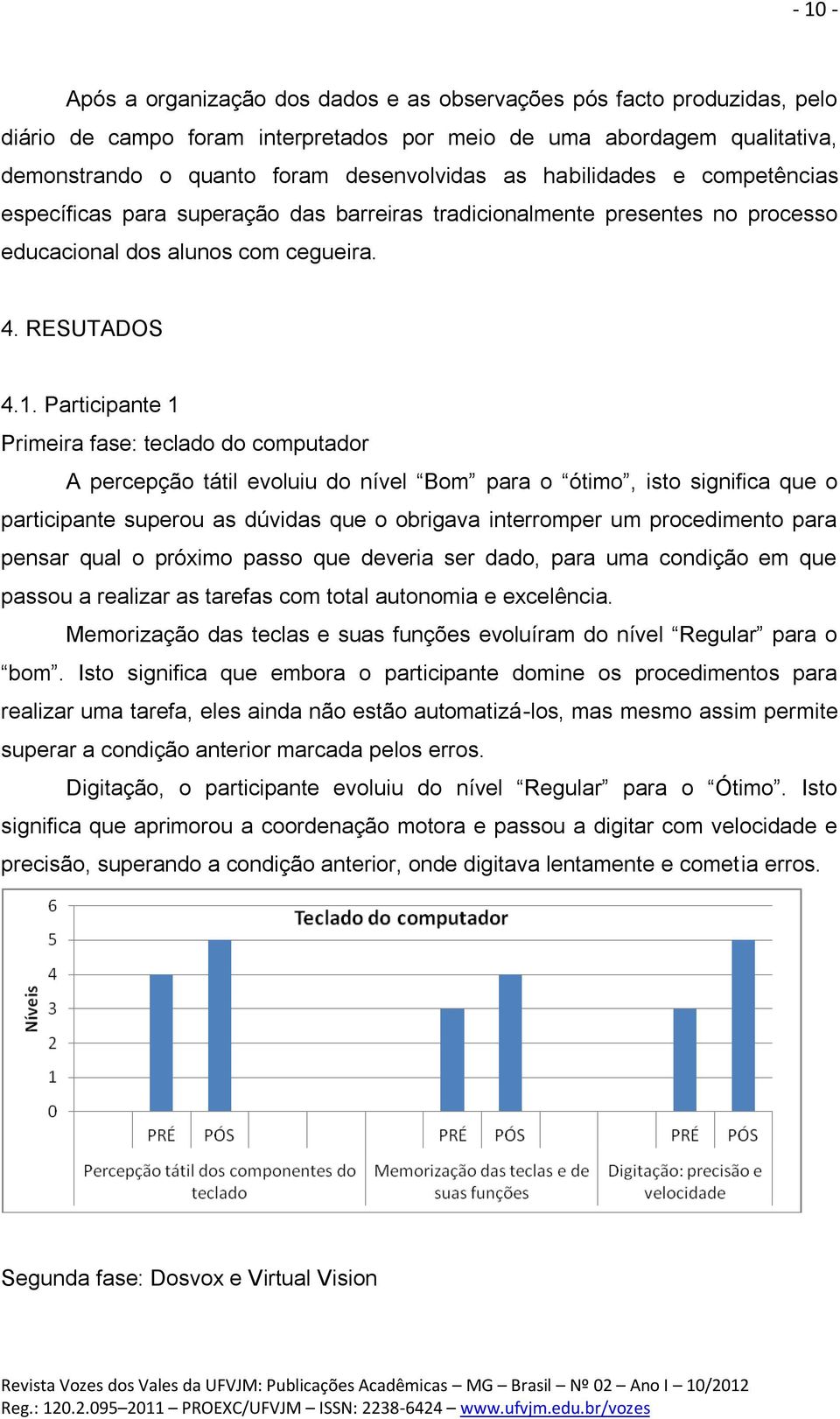 Participante 1 Primeira fase: teclado do computador A percepção tátil evoluiu do nível Bom para o ótimo, isto significa que o participante superou as dúvidas que o obrigava interromper um