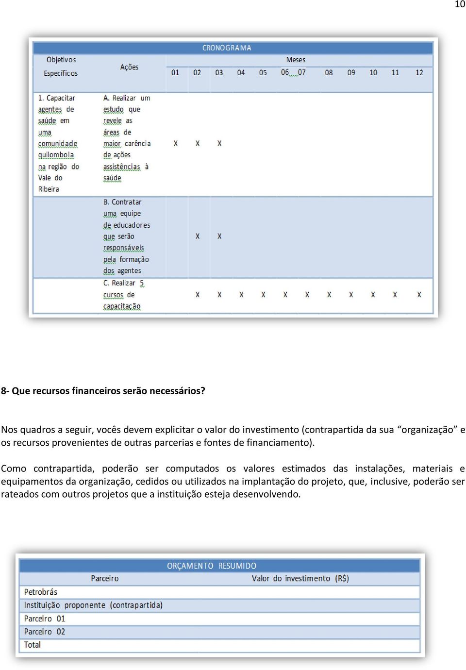 provenientes de outras parcerias e fontes de financiamento).