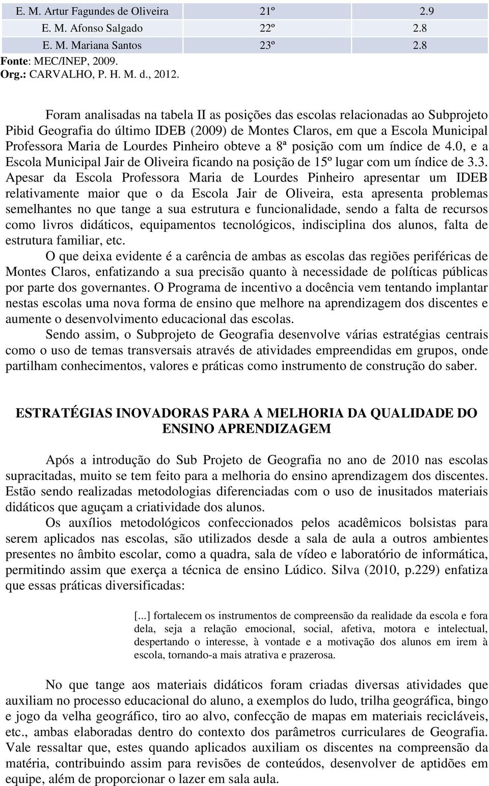 obteve a 8ª posição com um índice de 4.0, e a Escola Municipal Jair de Oliveira ficando na posição de 15º lugar com um índice de 3.