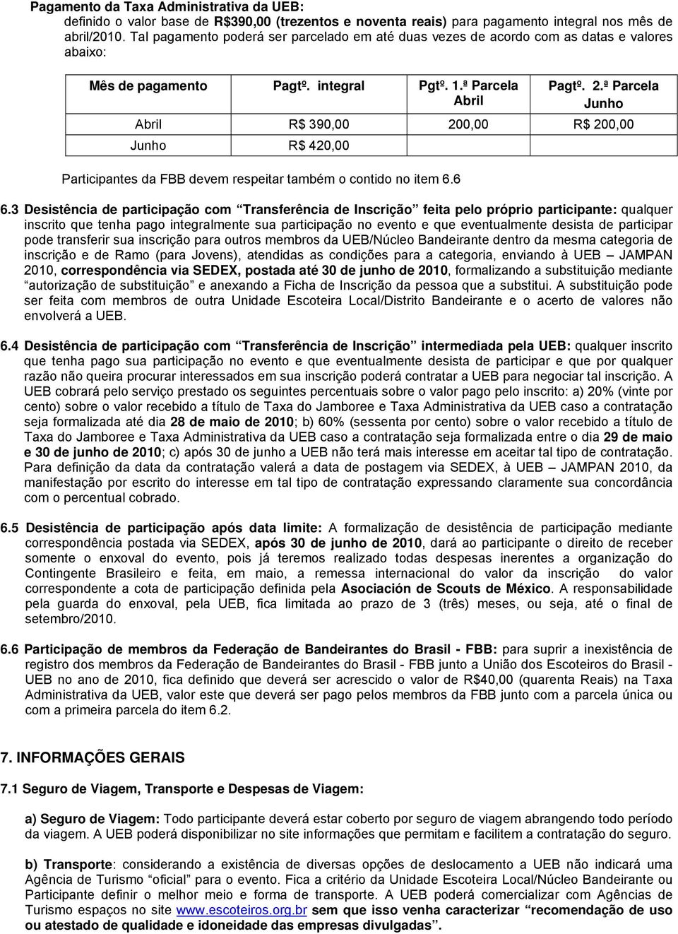 ª Parcela Junho Abril R$ 390,00 200,00 R$ 200,00 Junho R$ 420,00 Participantes da FBB devem respeitar também o contido no item 6.6 6.