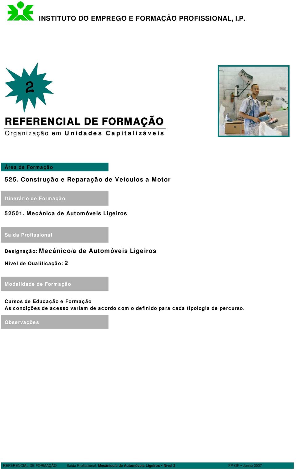 Mecânica de Automóveis Ligeiros Saída Profissional Designação: Mecânico/a de Automóveis Ligeiros Nível de Qualificação: 2 Modalidade de