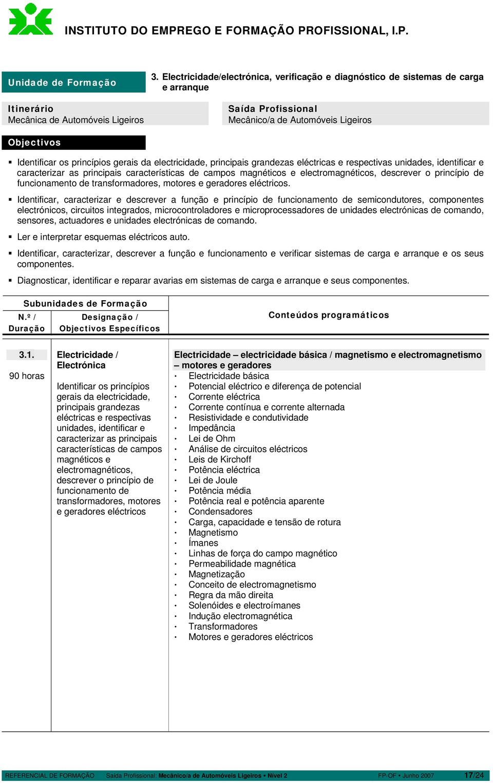 principais grandezas eléctricas e respectivas unidades, identificar e caracterizar as principais características de campos magnéticos e electromagnéticos, descrever o princípio de funcionamento de