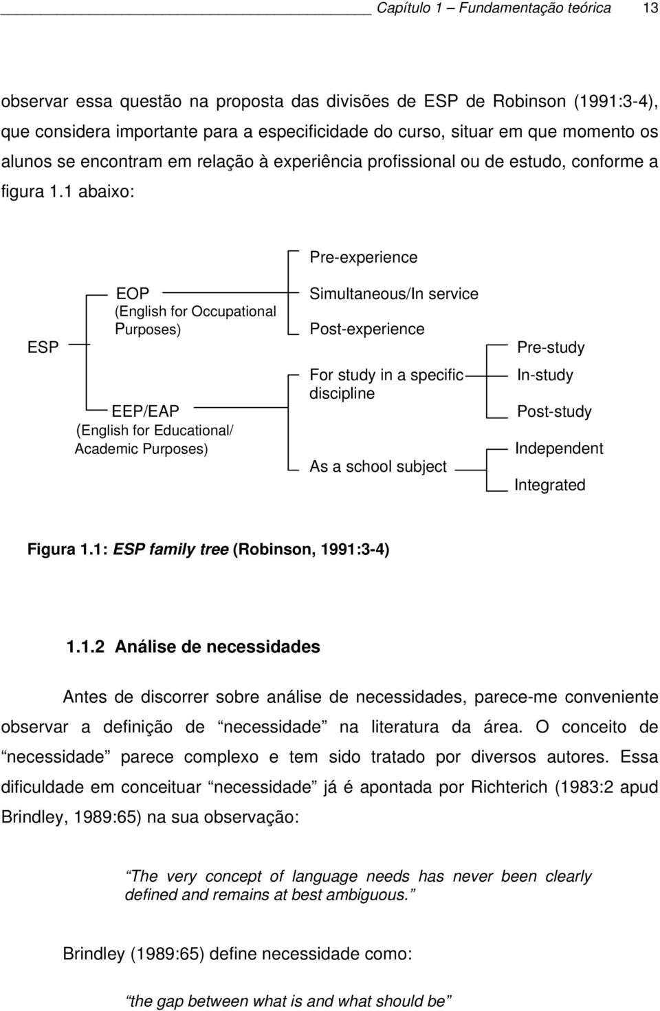 1 abaixo: Pre-experience ESP EOP (English for Occupational Purposes) Simultaneous/In service Post-experience Pre-study EEP/EAP (English for Educational/ Academic Purposes) For study in a specific