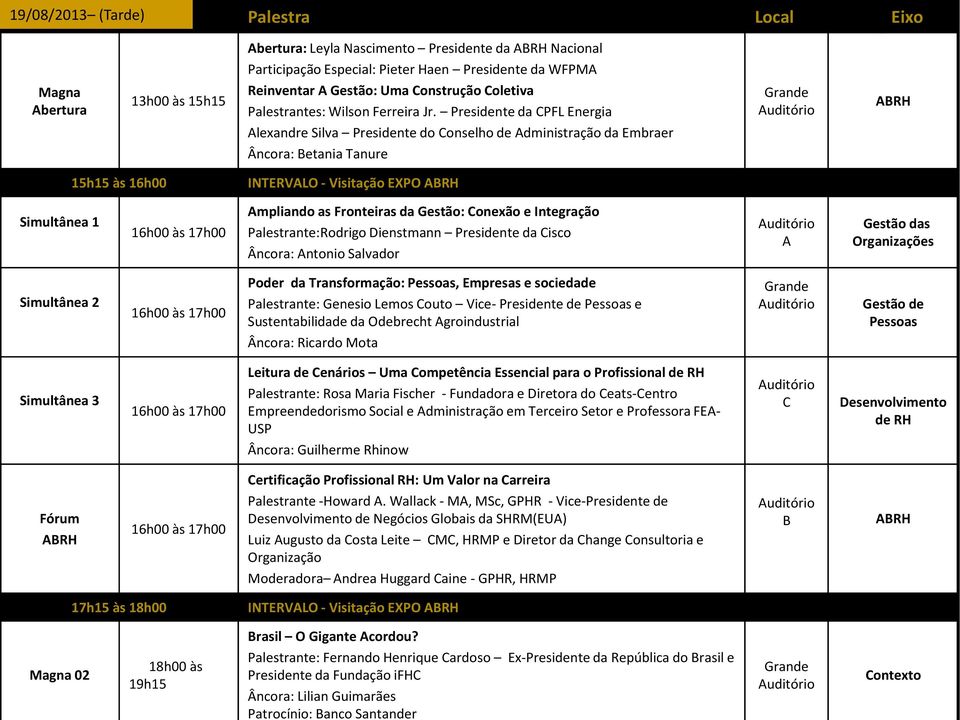 Presidente da CPFL Energia Alexandre Silva Presidente do Conselho de Administração da Embraer Âncora: Betania Tanure 15h15 às 16h00 INTERVALO - Visitação EXPO Simultânea 1 16h00 às 17h00 Ampliando as