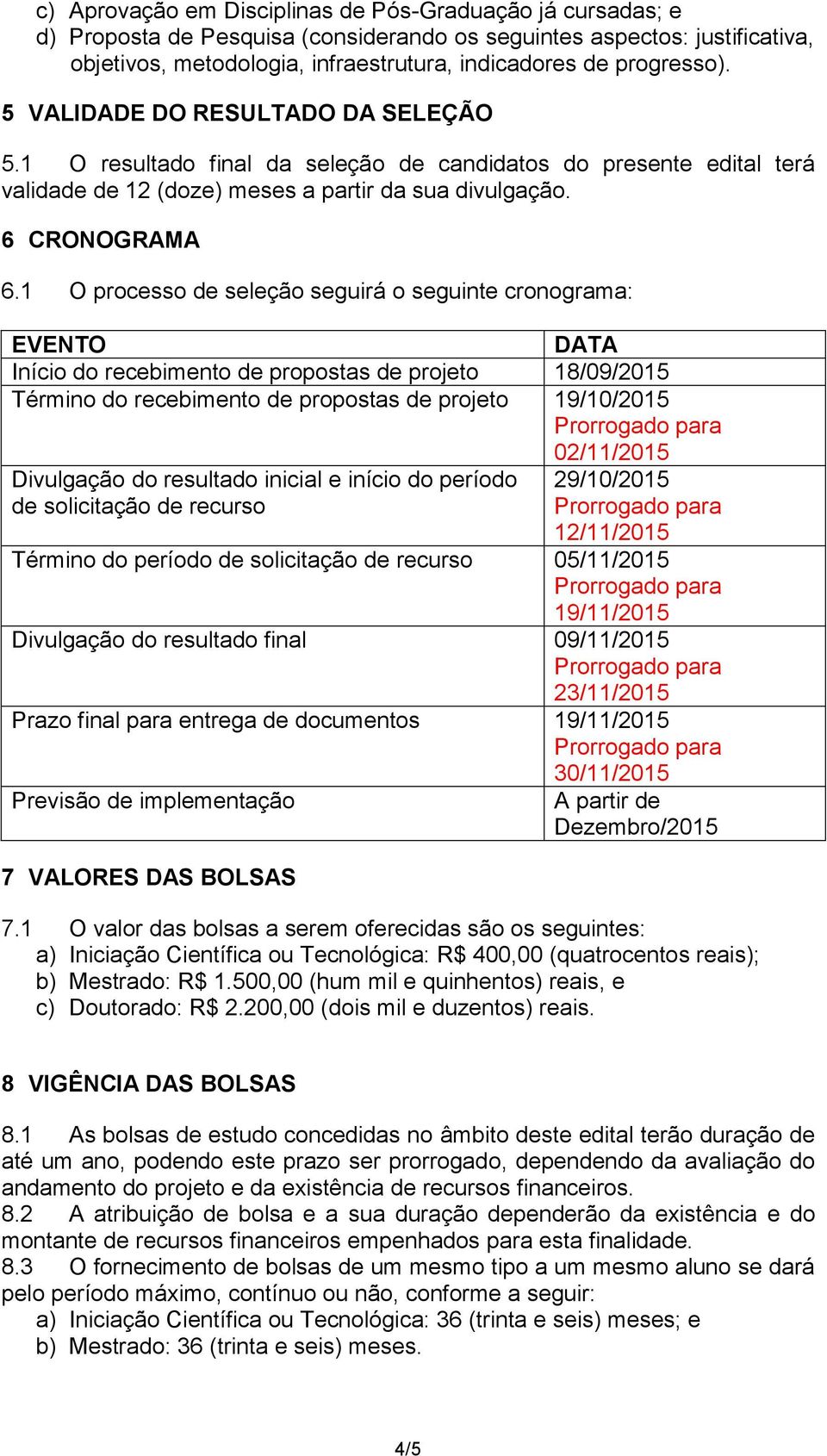 1 O processo de seleção seguirá o seguinte cronograma: EVENTO DATA Início do recebimento de propostas de projeto 18/09/2015 Término do recebimento de propostas de projeto 19/10/2015 02/11/2015