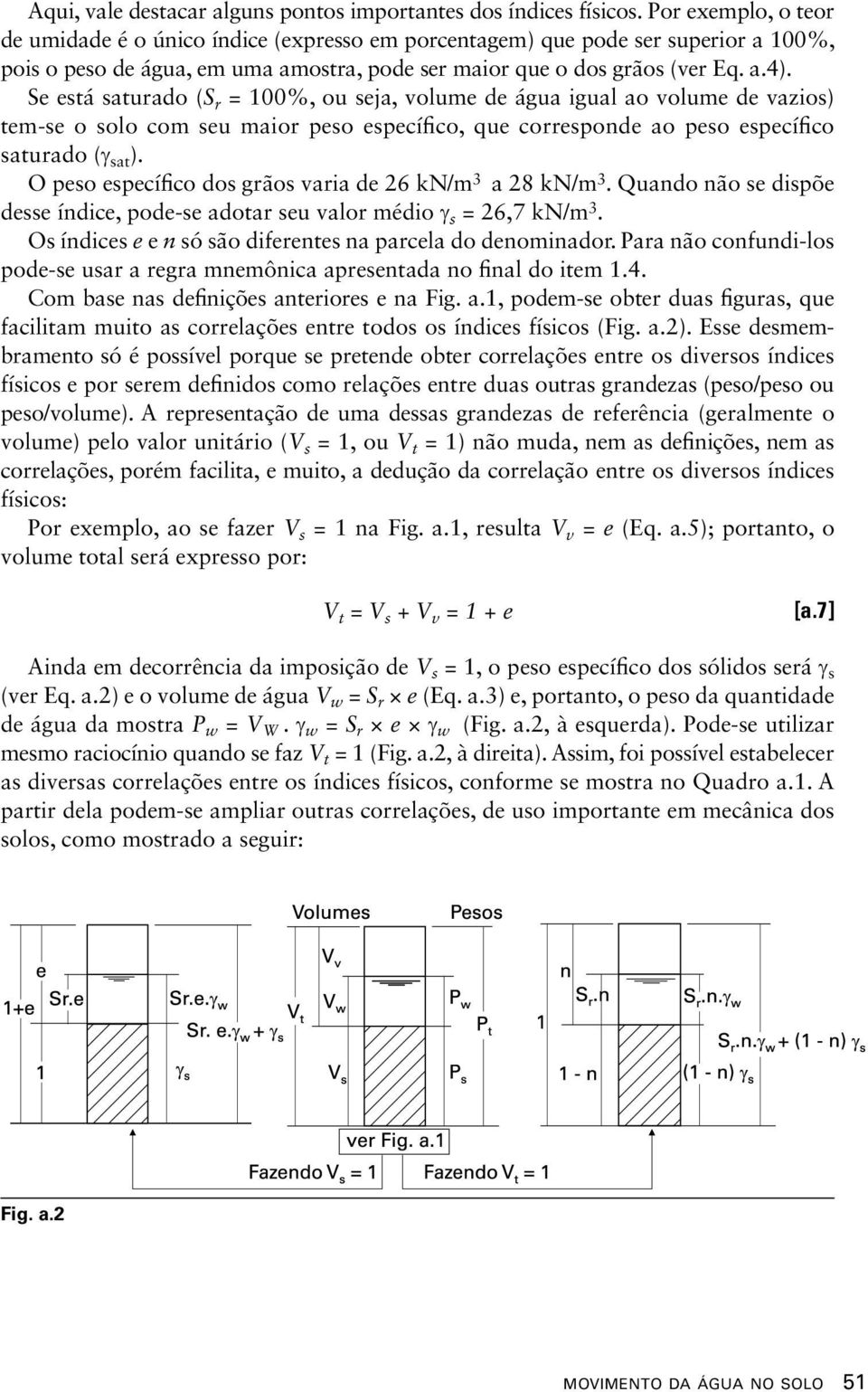 Se está saturado (S r = 100%, ou seja, volume de água igual ao volume de vazios) tem-se o solo com seu maior peso específico, que corresponde ao peso específico saturado (γ sat ).