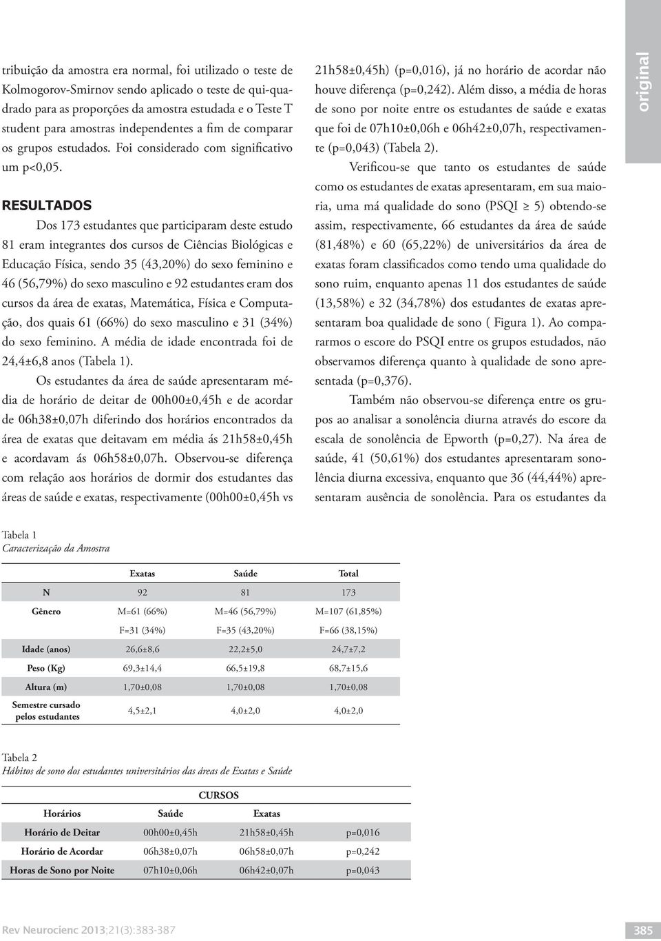 RESULTADOS Dos 173 estudantes que participaram deste estudo 81 eram integrantes dos cursos de Ciências Biológicas e Educação Física, sendo 35 (43,20%) do sexo feminino e 46 (56,79%) do sexo masculino