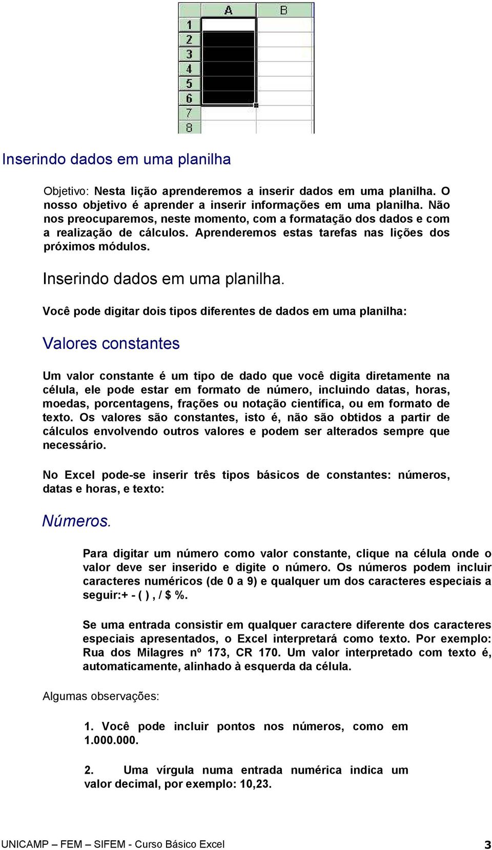 Você pode digitar dois tipos diferentes de dados em uma planilha: Valores constantes Um valor constante é um tipo de dado que você digita diretamente na célula, ele pode estar em formato de número,