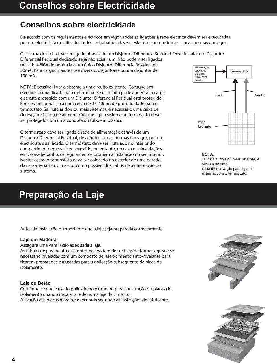 Deve instalar um Disjuntor Diferencial Residual dedicado se já não existir um. Não podem ser ligados mais de 4.8kW de potência a um único Disjuntor Diferencia Residual de Alimentação 30mA.