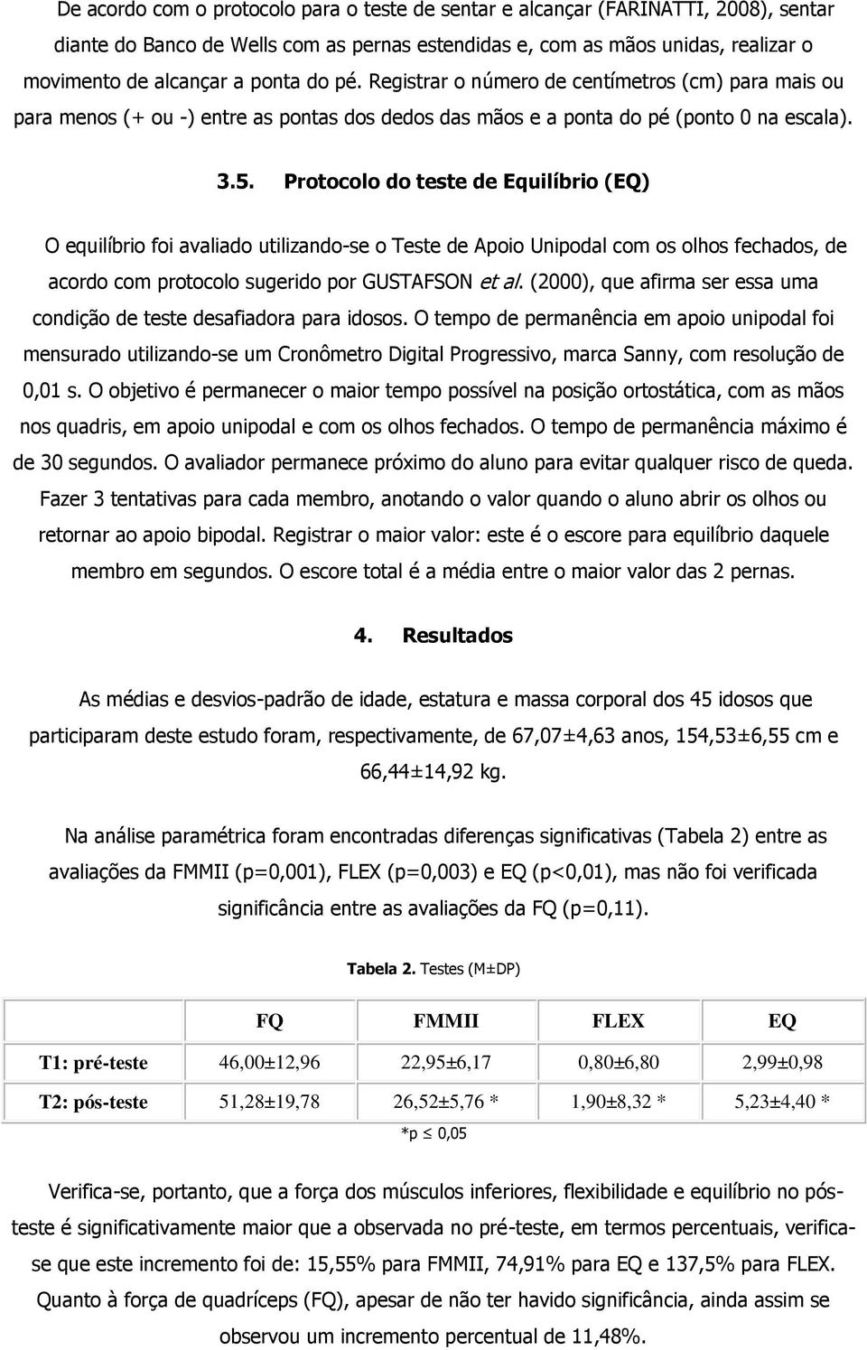 Protocolo do teste de Equilíbrio (EQ) O equilíbrio foi avaliado utilizando-se o Teste de Apoio Unipodal com os olhos fechados, de acordo com protocolo sugerido por GUSTAFSON et al.