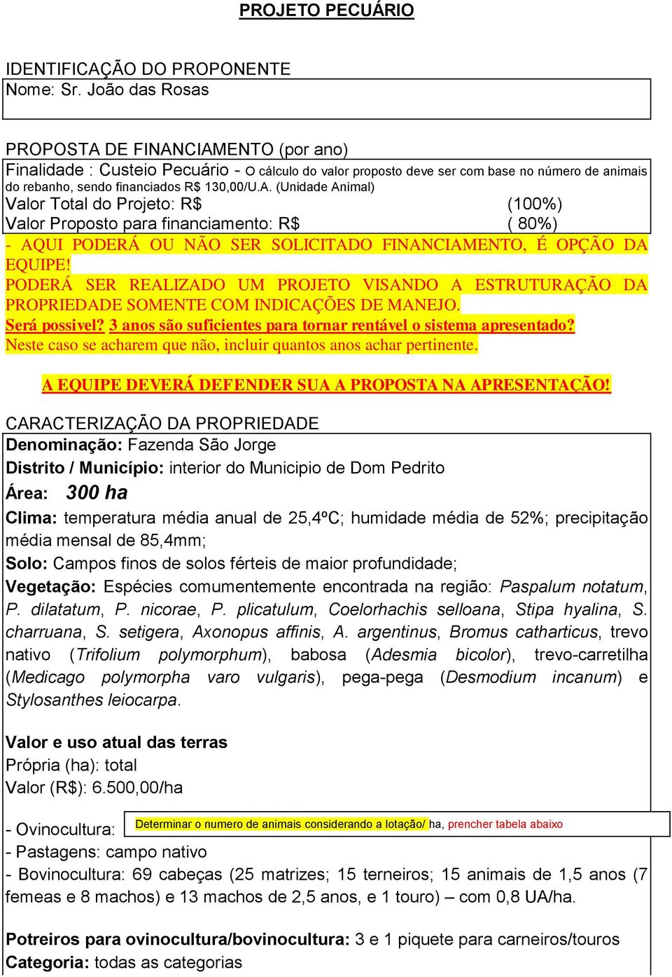 PODERÁ SER REALIZADO UM PROJETO VISANDO A ESTRUTURAÇÃO DA PROPRIEDADE SOMENTE COM INDICAÇÕES DE MANEJO. Será possivel? 3 anos são suficientes para tornar rentável o sistema apresentado?