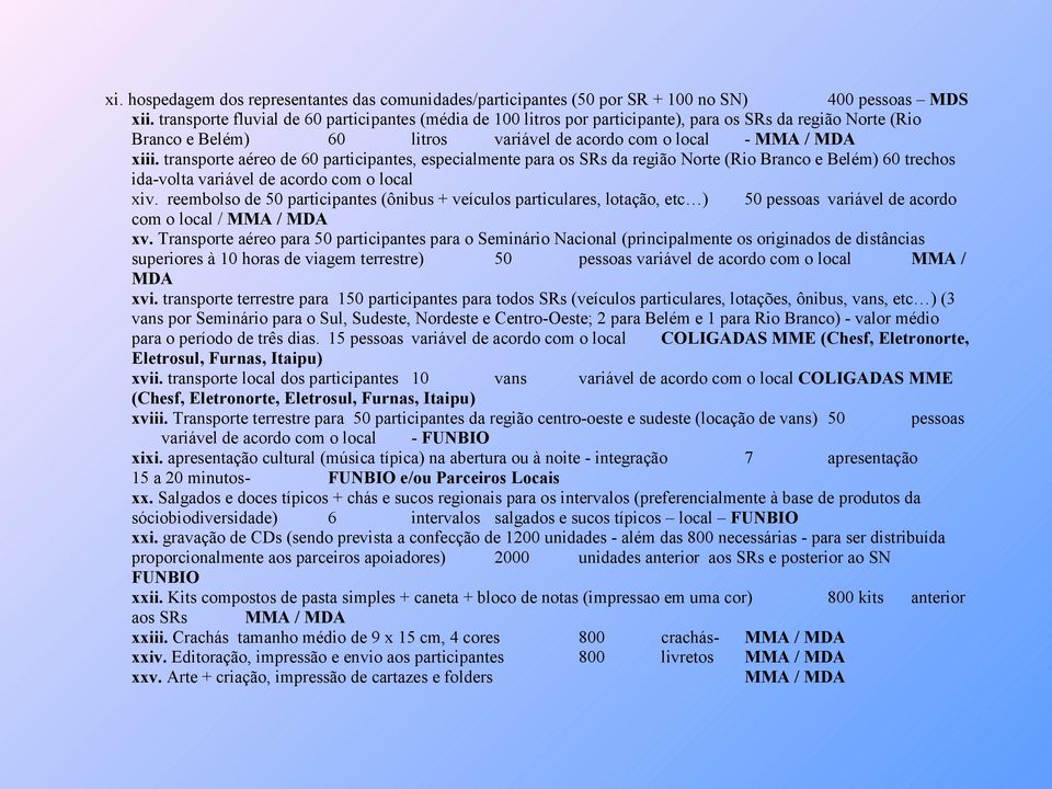 transporte aéreo de 60 participantes, especialmente para os SRs da região Norte (Rio Branco e Belém) 60 trechos ida-volta variável de acordo com o local xiv.
