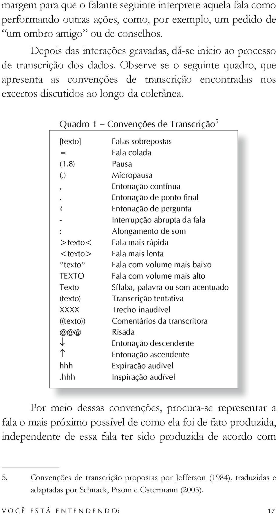 Observe-se o seguinte quadro, que apresenta as convenções de transcrição encontradas nos excertos discutidos ao longo da coletânea.