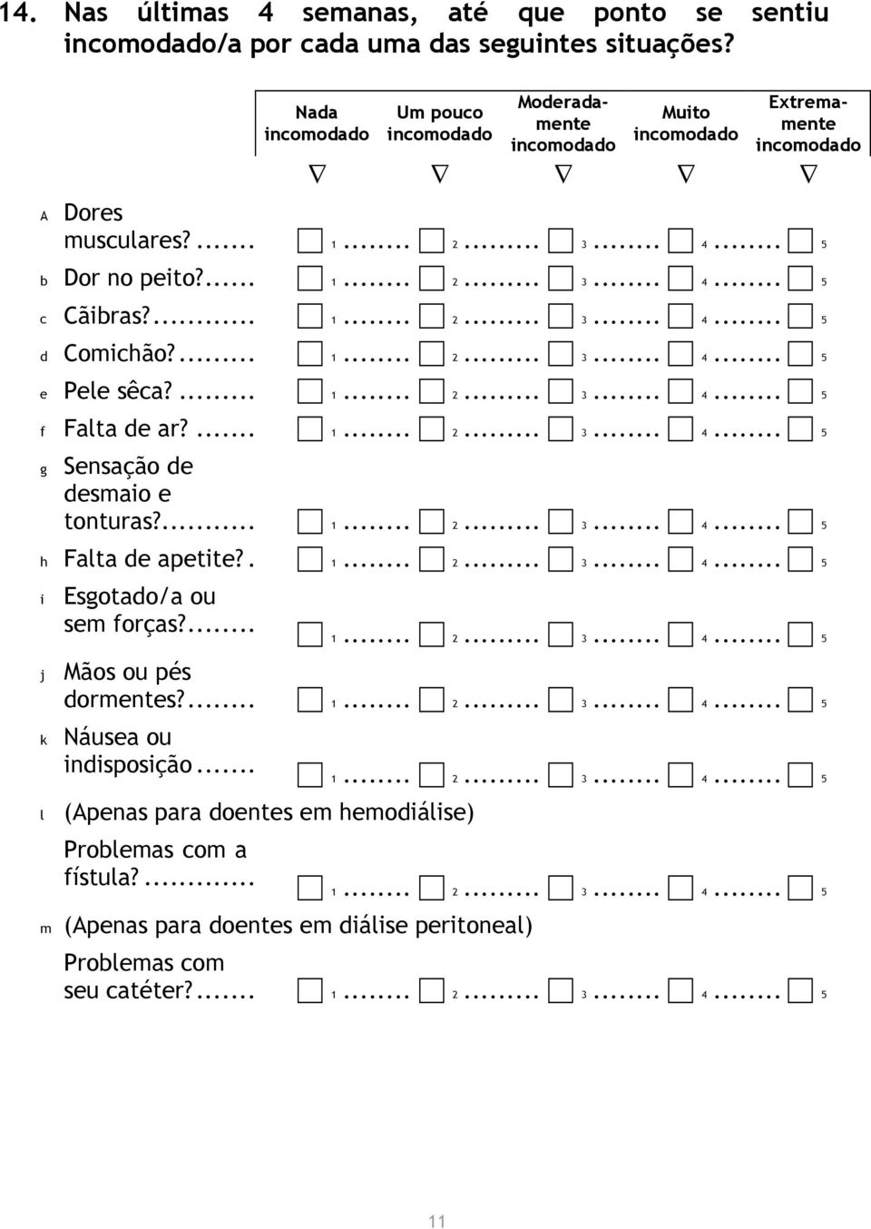 ... 1... 2... 3... 4... 5 h Flt de petite?. 1... 2... 3... 4... 5 i j k Esgotdo/ ou sem forçs?... 1... 2... 3... 4... 5 Mãos ou pés dormentes?... 1... 2... 3... 4... 5 Náuse ou indisposição... 1... 2... 3... 4... 5 l (Apens pr doentes em hemodiálise) Prolems com fístul?