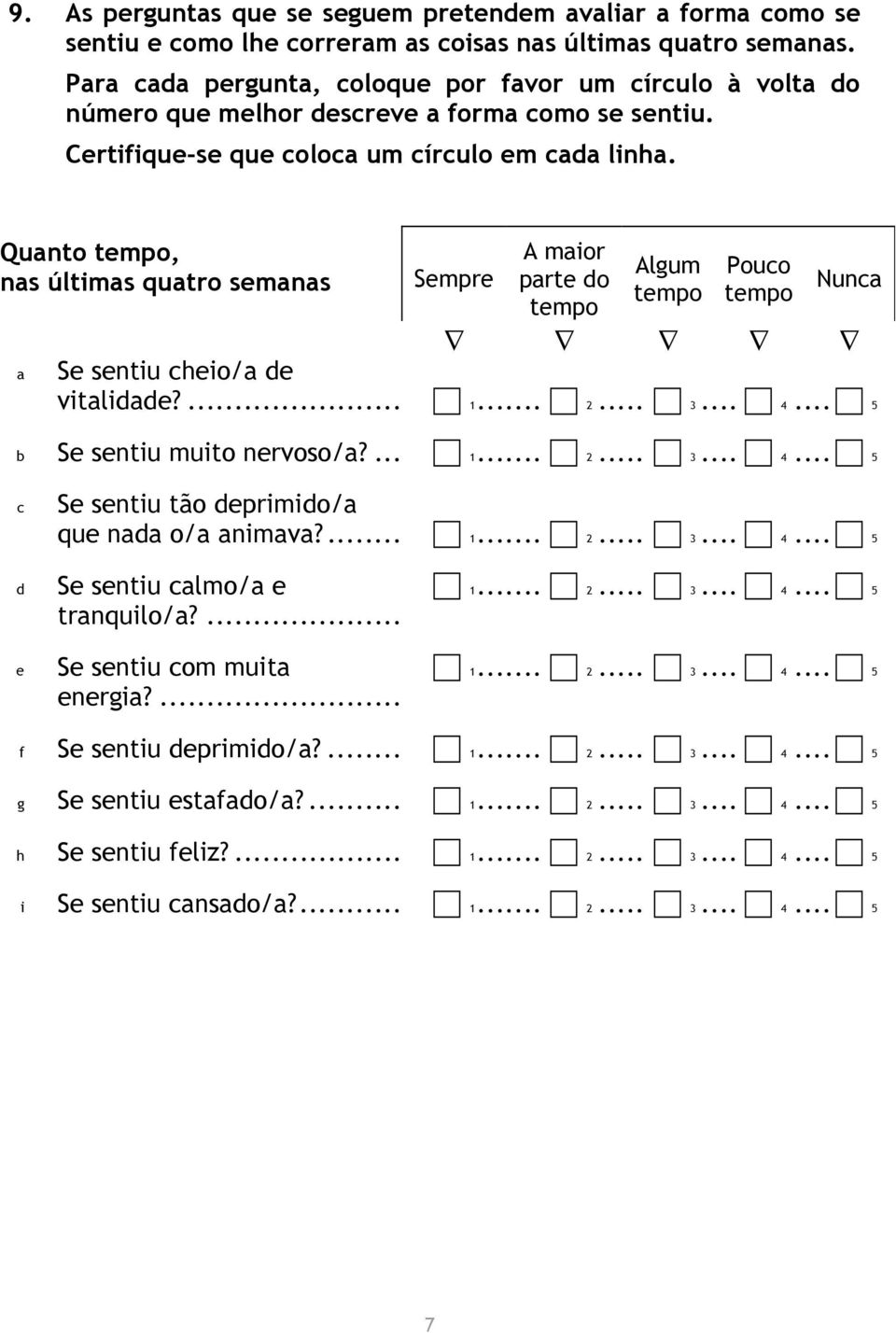 Qunto, ns últims qutro semns Sempre A mior prte do Algum Pouco Nunc Se sentiu cheio/ de vitlidde?... 1... 2... 3... 4... 5 Se sentiu muito nervoso/?... 1... 2... 3... 4... 5 c Se sentiu tão deprimido/ que nd o/ nimv?