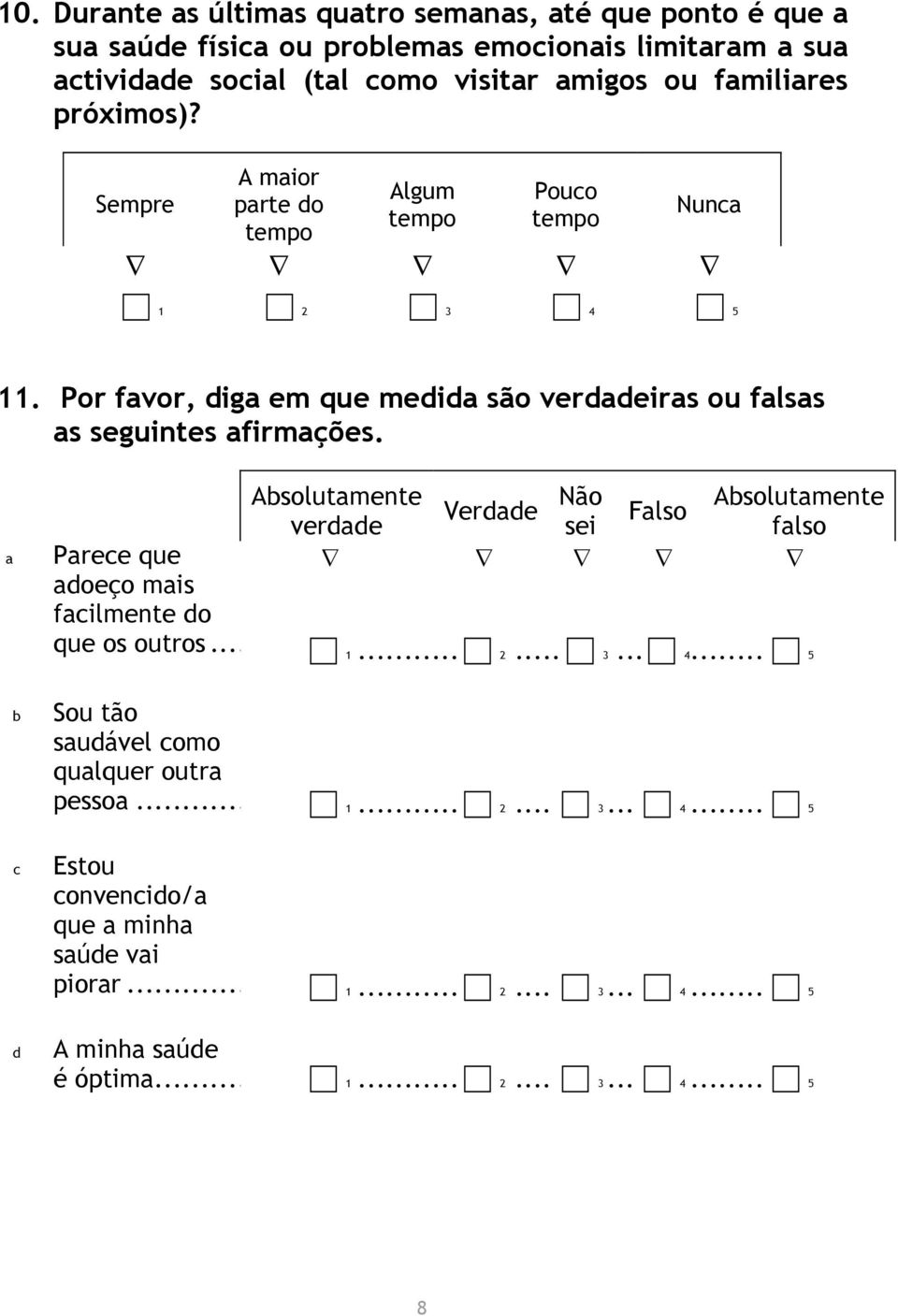 Asolutmente Verdde Não Asolutmente Flso verdde sei flso Prece que doeço mis fcilmente do que os outros... 1... 2... 3... 4.