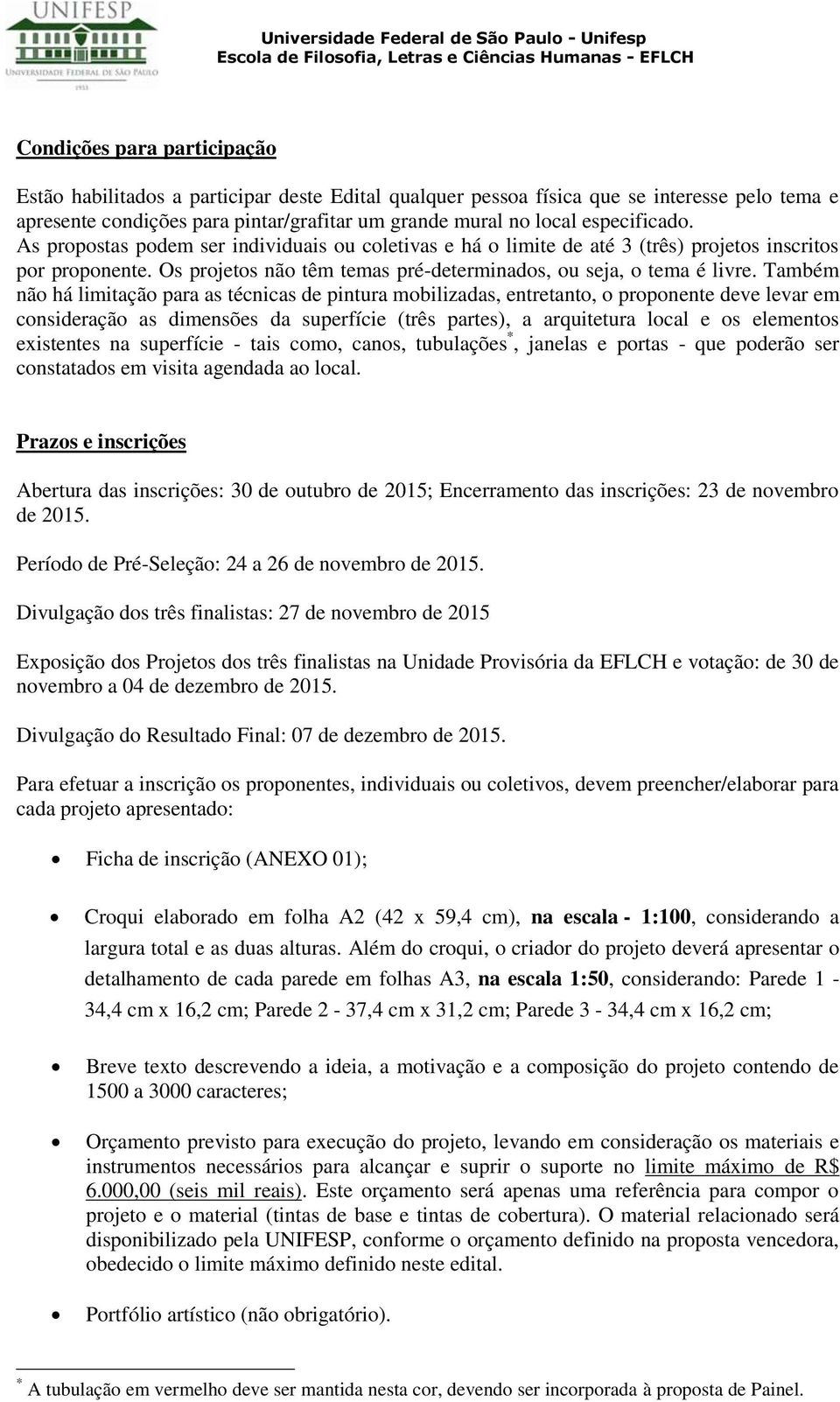 Também não há limitação para as técnicas de pintura mobilizadas, entretanto, o proponente deve levar em consideração as dimensões da superfície (três partes), a arquitetura local e os elementos