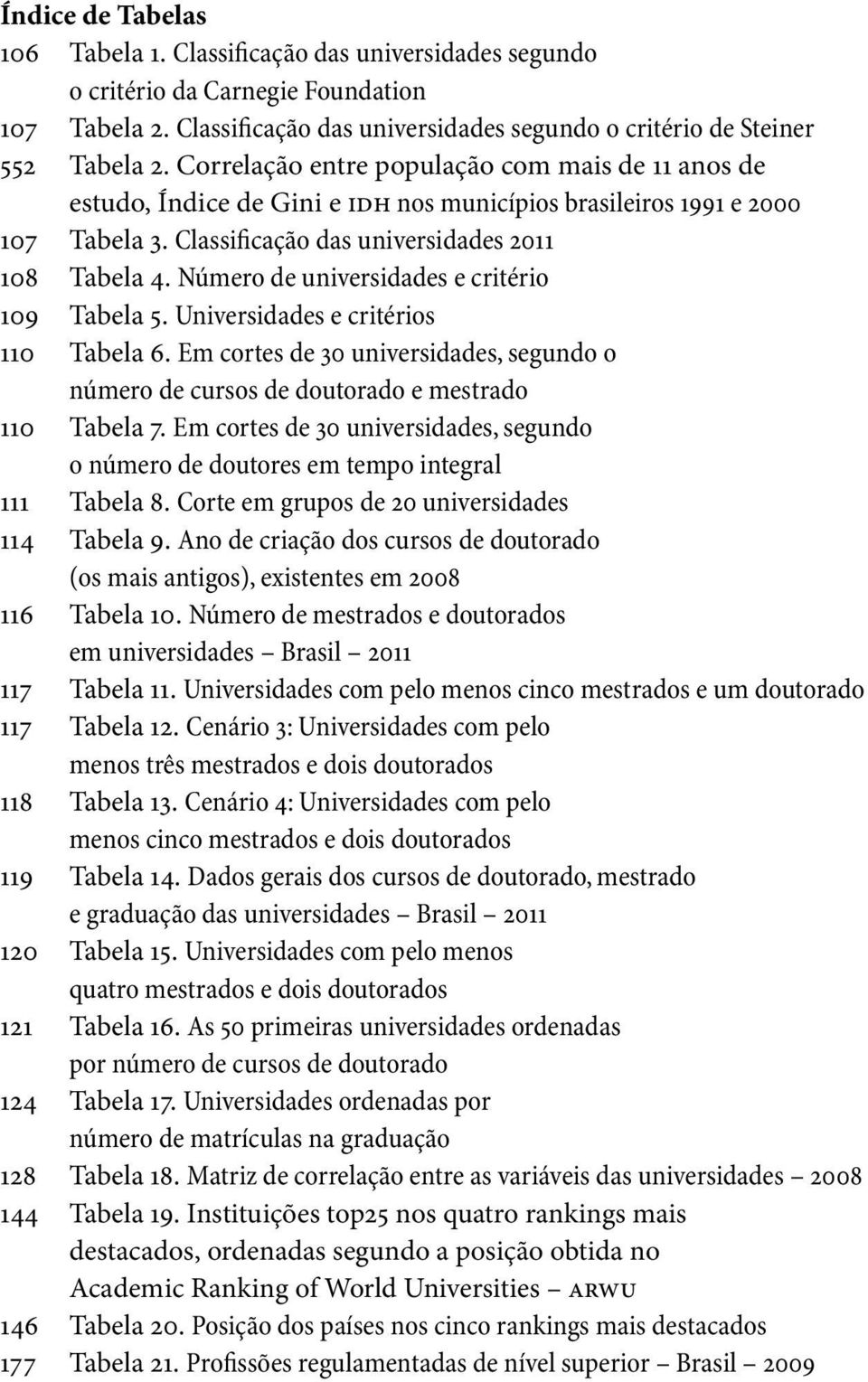 Número de universidades e critério 109 Tabela 5. Universidades e critérios 110 Tabela 6. Em cortes de 30 universidades, segundo o número de cursos de doutorado e mestrado 110 Tabela 7.