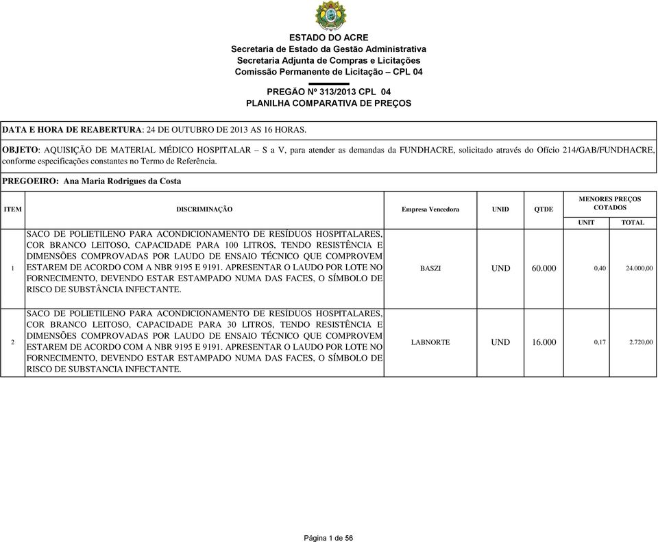 PREGOEIRO: Ana Maria Rodrigues da Costa ITEM DISCRIMINAÇÃO Empresa Vencedora UNID QTDE MENORES PREÇOS COTADOS 1 SACO DE POLIETILENO PARA ACONDICIONAMENTO DE RESÍDUOS HOSPITALARES, COR BRANCO LEITOSO,