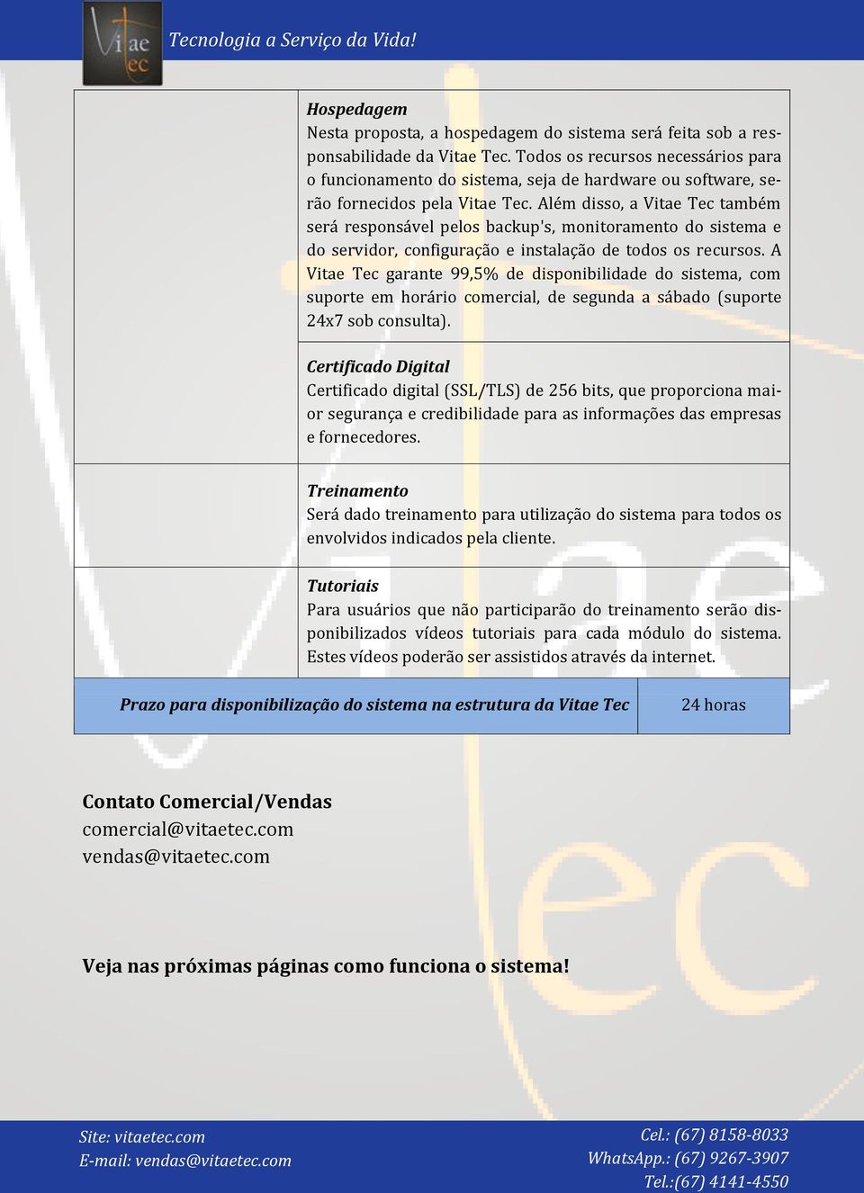 Além disso, a Vitae Tec também será responsável pelos backup's, monitoramento do sistema e do servidor, configuração e instalação de todos os recursos.