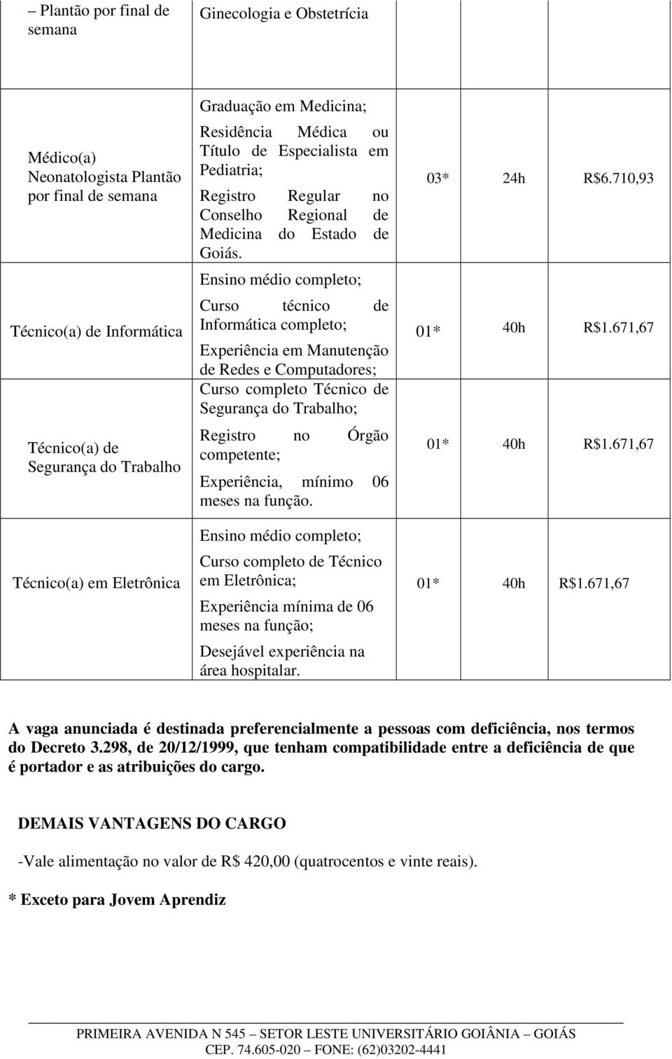 Ensino médio completo; Curso técnico de Informática completo; Experiência em Manutenção de Redes e Computadores; Curso completo Técnico de Segurança do Trabalho; Registro no Órgão competente;