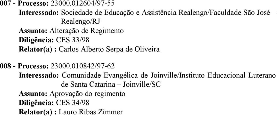 Alteração de Regimento Diligência: CES 33/98 Relator(a) : Carlos Alberto Serpa de Oliveira 008 - Processo: 23000.