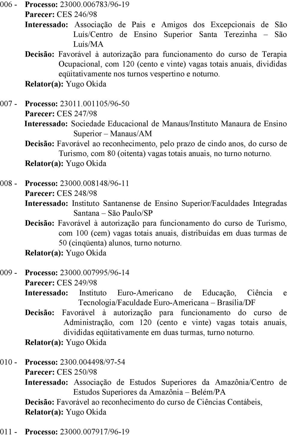 funcionamento do curso de Terapia Ocupacional, com 120 (cento e vinte) vagas totais anuais, divididas eqüitativamente nos turnos vespertino e noturno. Relator(a): Yugo Okida 007 - Processo: 23011.