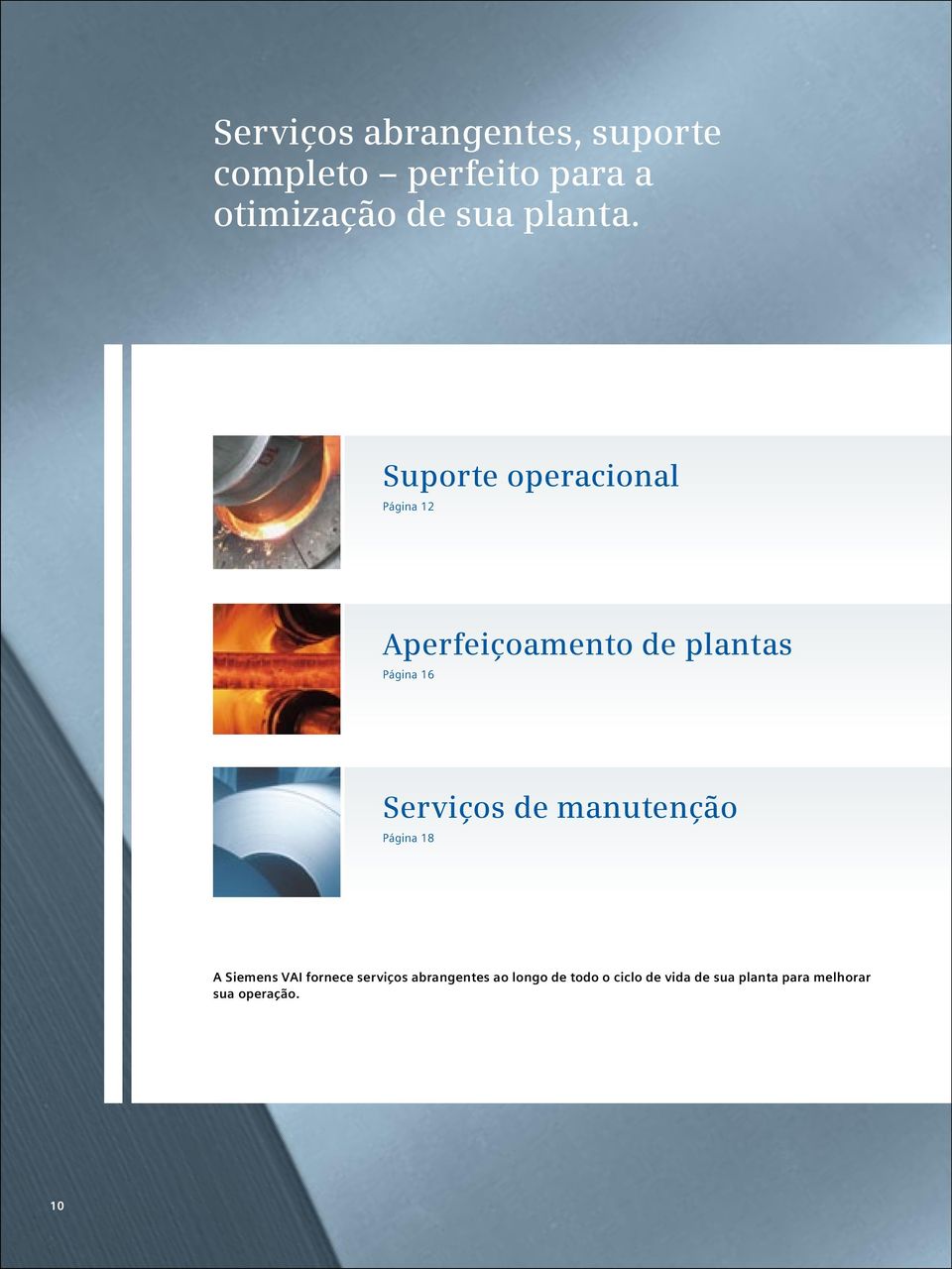 Suporte operacional Página 12 Aperfeiçoamento de plantas Página 16 Serviços