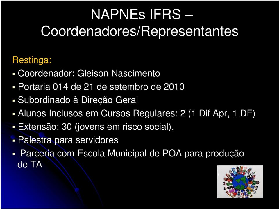 Alunos Inclusos em Cursos Regulares: 2 (1 Dif Apr, 1 DF) Extensão: 30 (jovens em