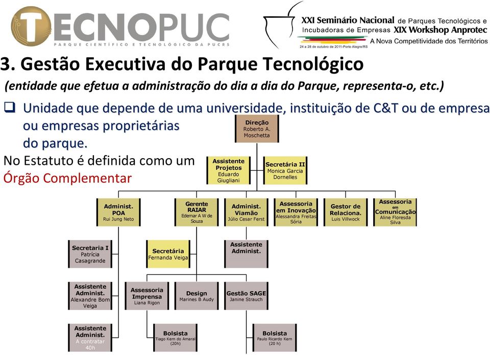 No Estatuto édefinida como um Assistente Secretária II Projetos Monica Garcia Eduardo Dornelles Órgão Complementar Giugliani Administ. POA Rui Jung Neto Gerente RAIAR Edemar A W de Souza Administ.