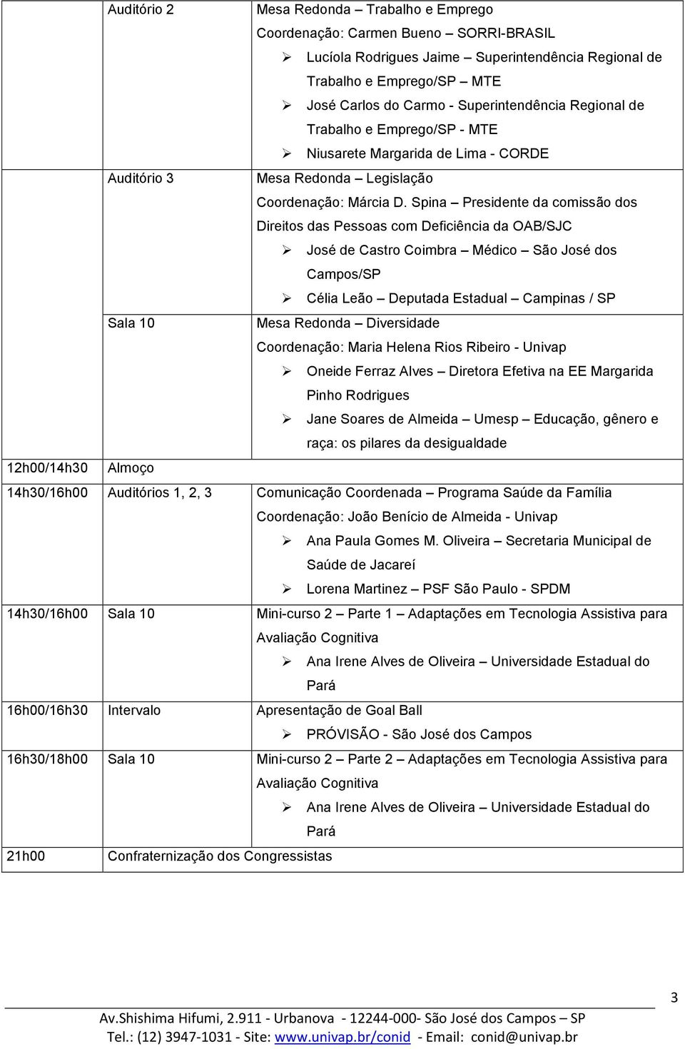 Spina Presidente da comissão dos Direitos das Pessoas com Deficiência da OAB/SJC José de Castro Coimbra Médico São José dos Campos/SP Célia Leão Deputada Estadual Campinas / SP Sala 10 Mesa Redonda