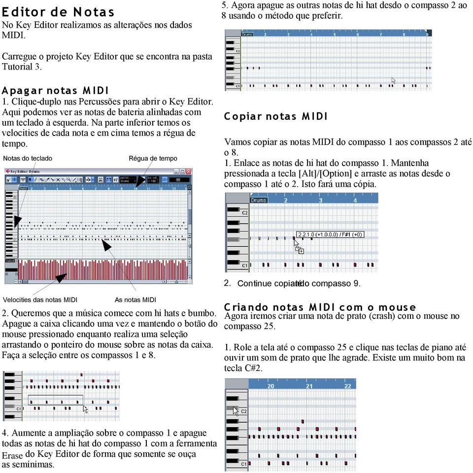 Aqui podemos ver as notas de bateria alinhadas com um teclado à esquerda. Na parte inferior temos os velocities de cada nota e em cima temos a régua de tempo.