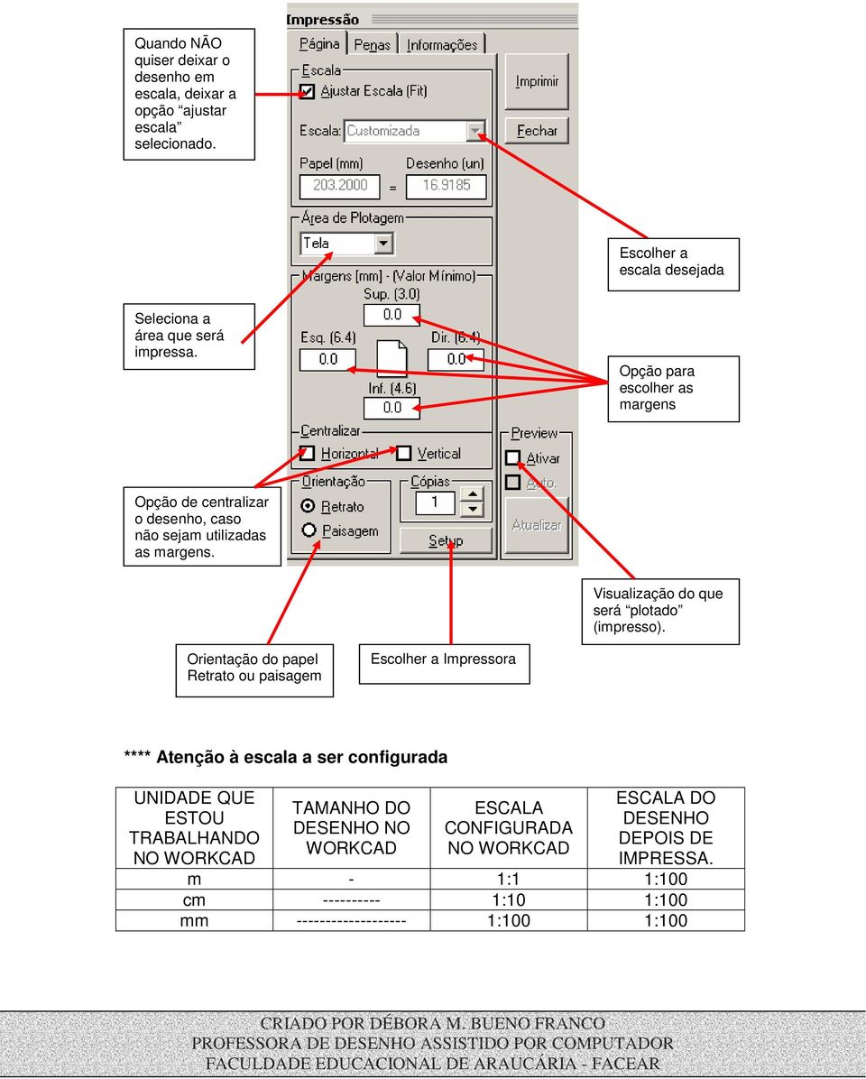 Orientação do papel Retrato ou paisagem Escolher a Impressora **** Atenção à escala a ser configurada UNIDADE QUE ESTOU TRABALHANDO NO WORKCAD TAMANHO