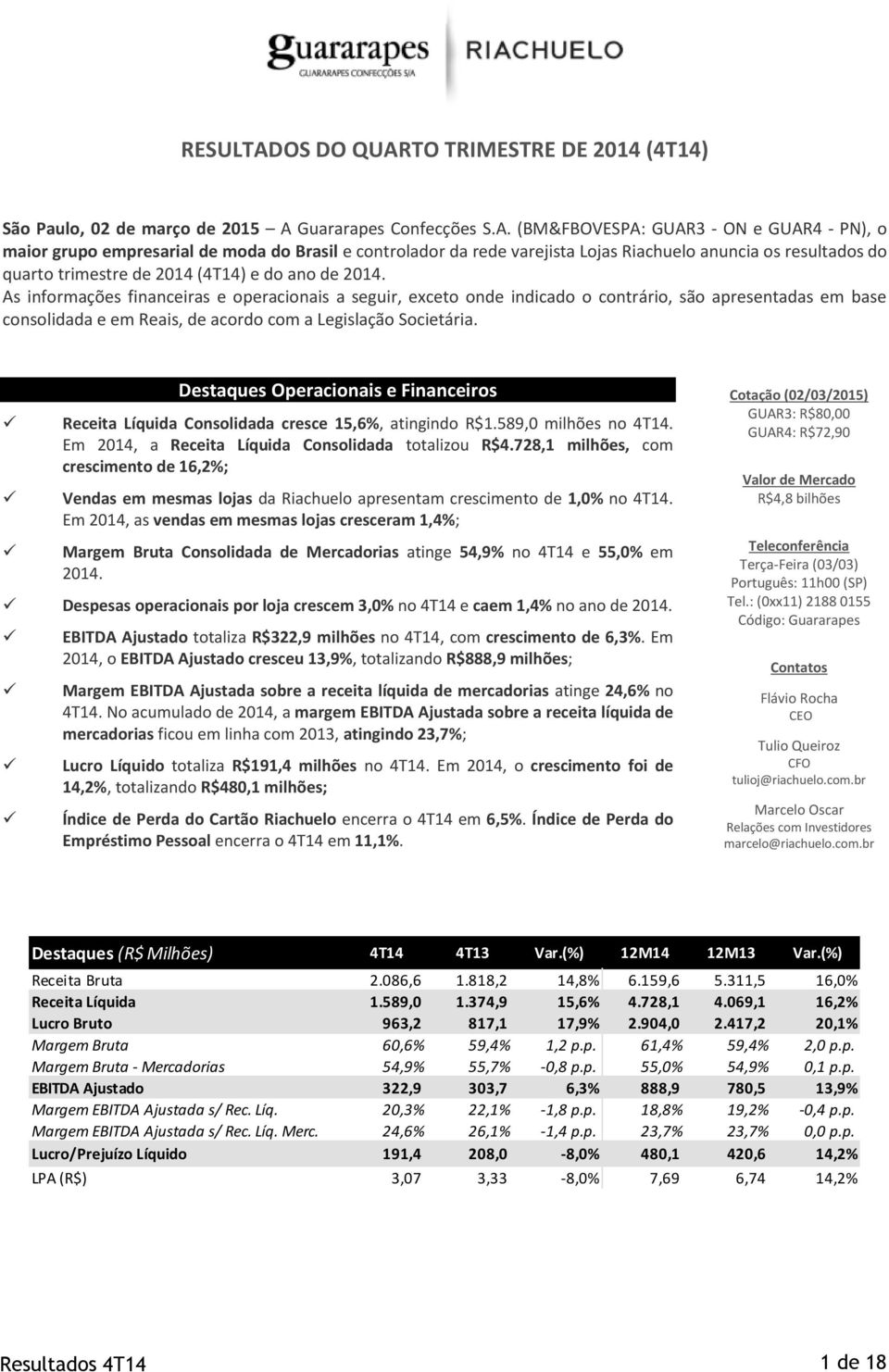 TO TRIMESTRE DE 2014 (4T14) São Paulo, 02 de março de 2015 A 