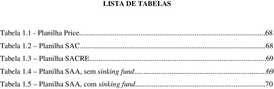 ..69 Tabela 1.4 Planilha SAA, sem sinking fund.