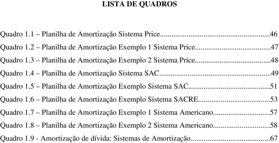 5 Planilha de Amorização Exemplo Sisema SAC...51 Quadro 1.6 Planilha de Amorização Exemplo Sisema SACRE...53 Quadro 1.