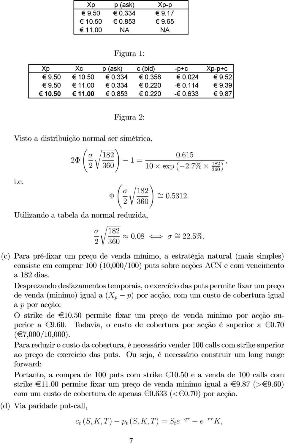 (c) Para pré-fixar um preço de venda mínimo, a estratégia natural (mais simples) consiste em comprar 100 (10,000/100) puts sobre acções ACN e com vencimento a18dias.